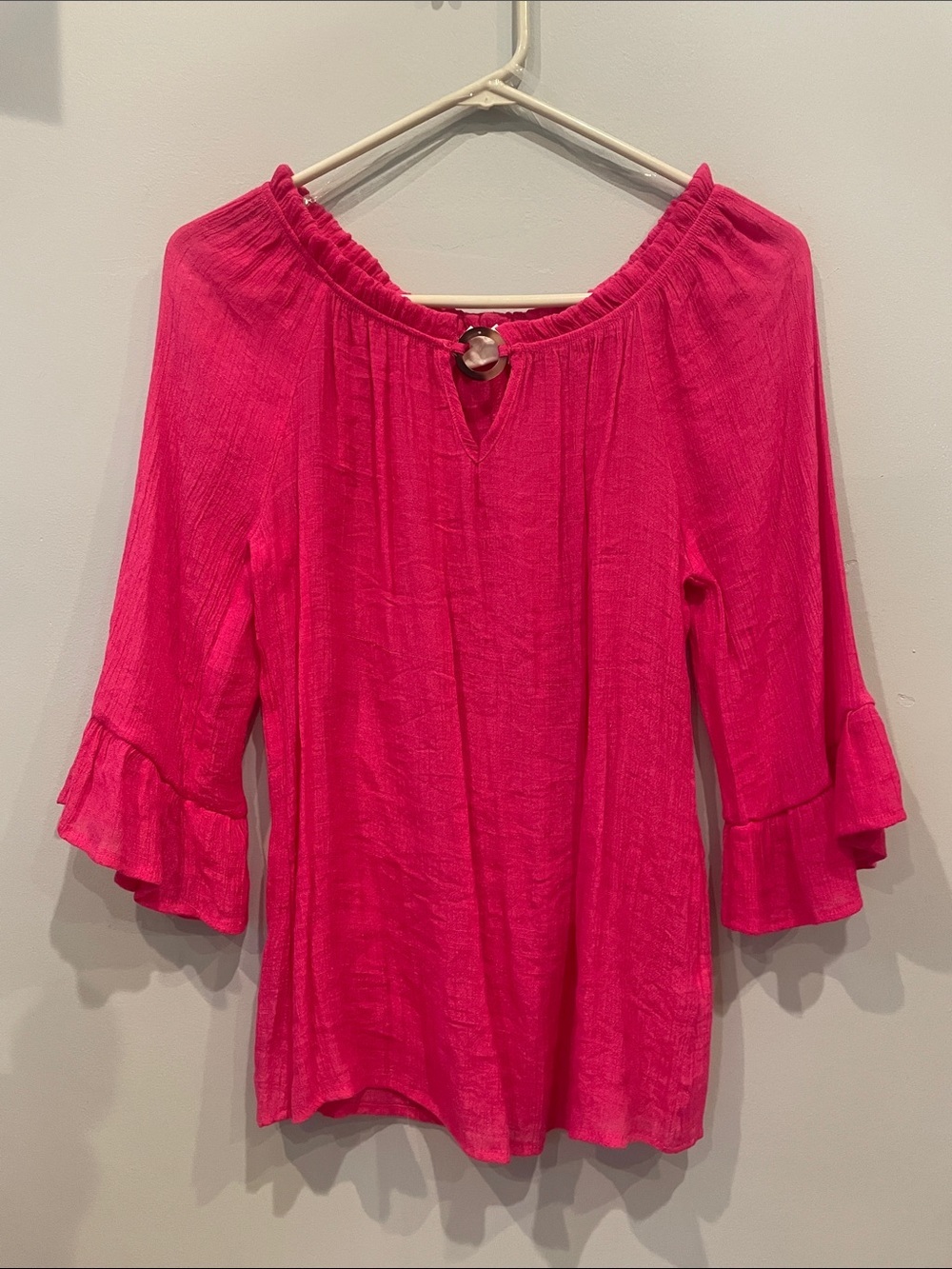 Women's Bright Pink Ruffle-Sleeve Peasant Blouse with Keyhole Ring